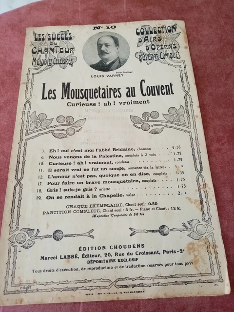 Ancienne Partition Papier Les Mousquetaires Au Couvent Choudens Paris