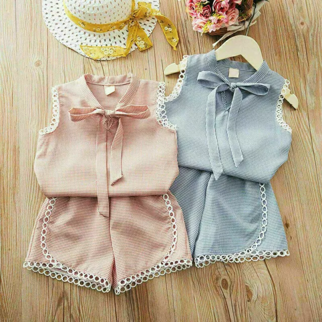 UK Summer Kids Girls Outfits Clothes Bow Vest T-shirt Tops + Shorts Pants Set