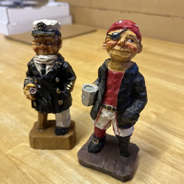 Vintage Wood Hand Carved Folk Art Sea Captain and Peg leg Pirate Figures Boats Vintage Wood Hand Carved Folk Art Sea Captain and Peg leg Pirate Figures Boats