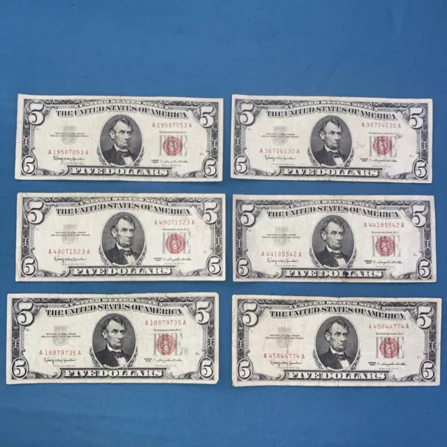 ☆$5 Five Dollar Red Seal Lincoln Dollars ☆Red Certificate Old Money☆ 1963☆