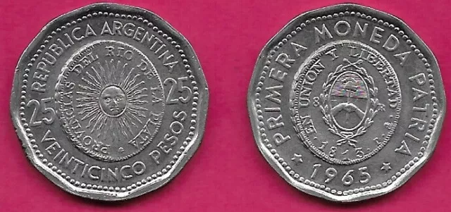 ARGENTINA 25 PESOS 1965  MOTIF OF 8 REALS COIN "EL SOL DE MAYO"1st ISSUE OF NATI