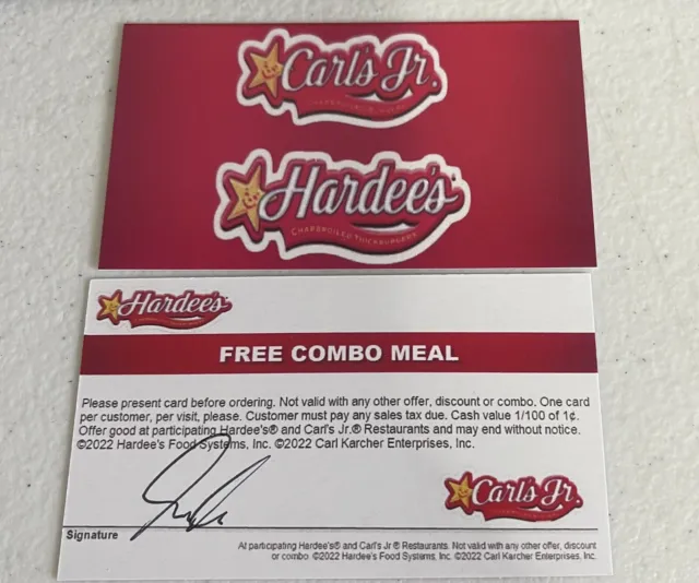 Lot of 10 Hardees/Carls Jr. Combo Meal Cards plus Bonus