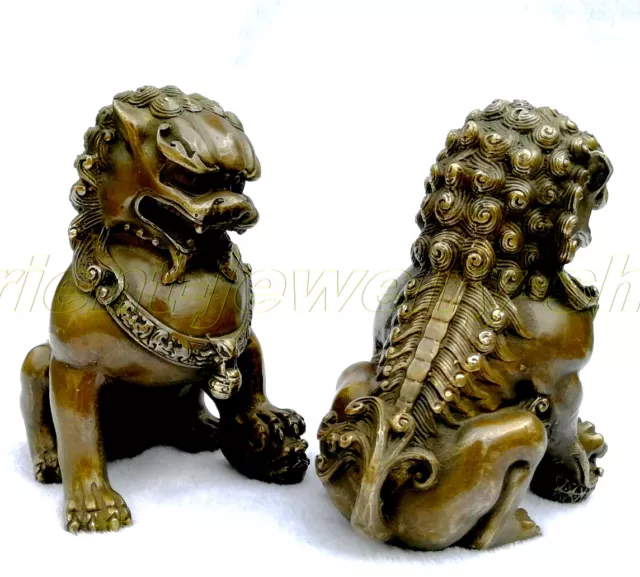 Antique Bronze Fengshui Fu Foo Dog Lion Pair Old Door god Lions Statue &