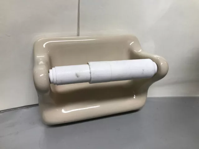 VTG Mid Century Beige Bathroom Accessory Toilet Paper Holder Glossy Porcelain