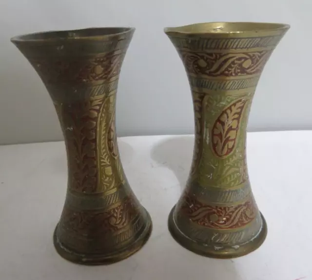 Pair Of Brass Engraved & Enamelled Vases - Indian Style - Marked on Base