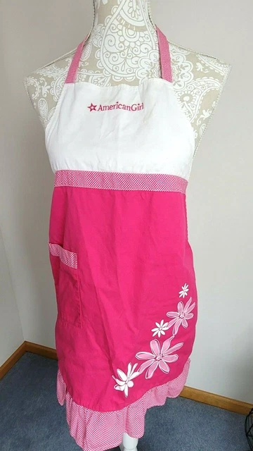 American Girl Childs Size Apron Pink Polka Dot Ruffle White Daisy Floral Pocket