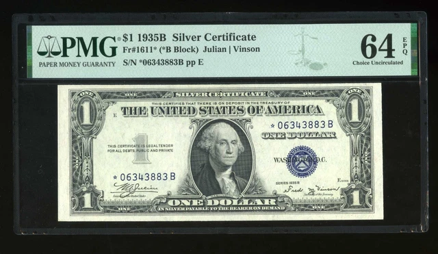 DBR $1 1935-B Silver Vinson STAR Fr. 1611* PMG 64 EPQ Serial *06343883B