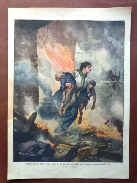 Retrocopertina Domenica Corriere nr. 45 del 1910 Destino di Madre Bimbi Bruciati