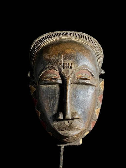 African Tribal Face Mask Wood Hand Carved Vintage Wall Hanging Baule West-7211