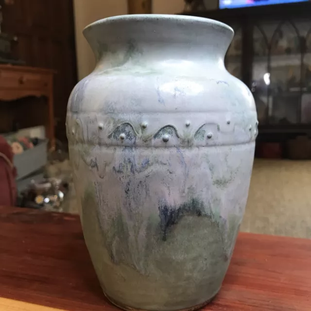 Pottery Vase Blue Grey Green Drip Glaze Hand Crafted Heavy Marked Psalm 150