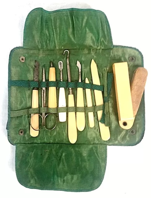 9 Piece Manicure Set Vintage Antique Celluloid Fabric Foldable Case Button Hook