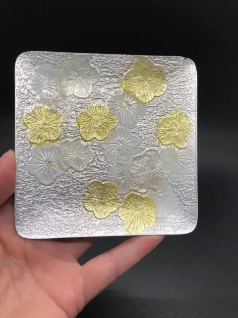 VINTAGE - Ando Cloisonne 4.25" Square Trinket Plate - Yellow Silver Foil Flowers