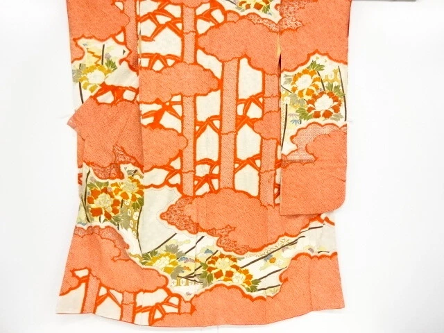 40553# Japanese Kimono / Antique Furisode / Shibori / Embroidery /  Bamboo Grass