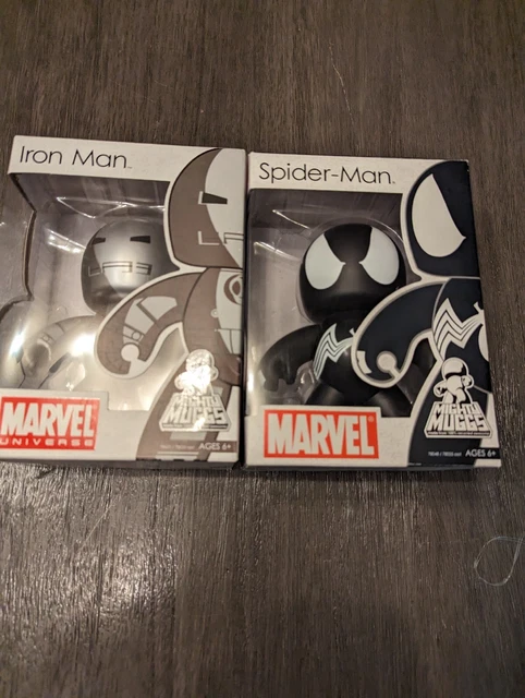 2 Marvel Mighty Muggs Figures Black Suit Spiderman And Iron Man Used