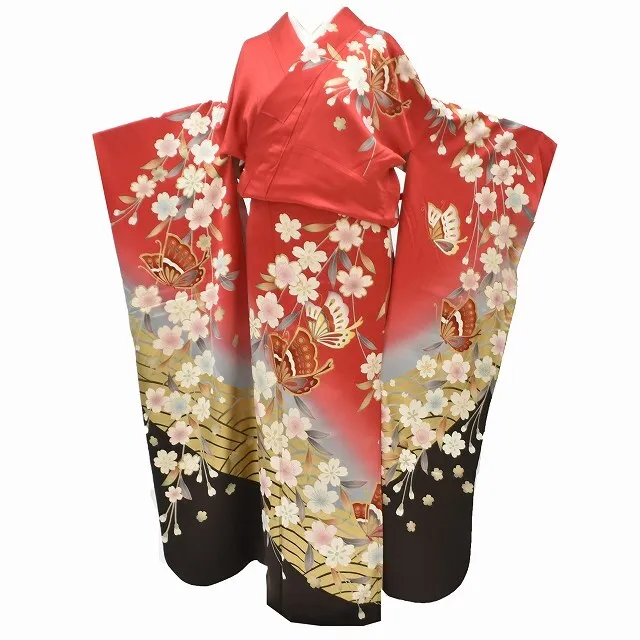 Japanese Silk Kimono Vintage Furisode Flower Butterfly Red Gold Gradation 67"