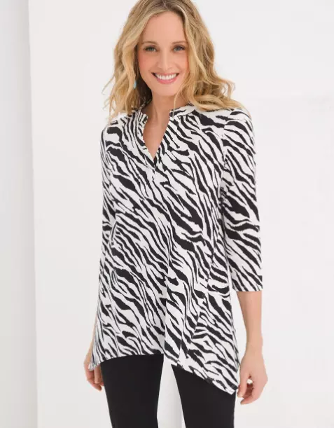 Chico's Women's Zebra Print Slub Tunic Black White V-Neck Size Large Sharkbite