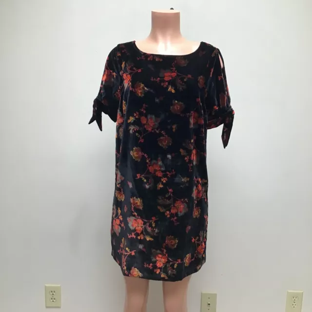 Loft Womens Black Floral Print Velvet Boat Neck Short Sleeve Shift Dress S New