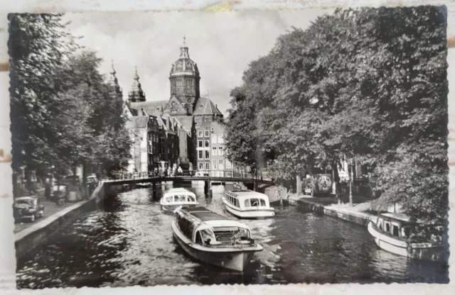 Netherlands Postcard Oud Amsterdam  O Z Voorburgwal RPPC Boats Canal Posted 1958