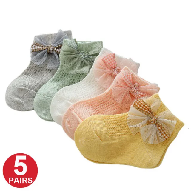 5 Pairs Baby Girls Princess Ankle Socks With Bow Toddlers Summer Mesh Thin Socks