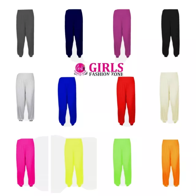 Girls Plain Elasticated High Waist Loose Baggy Harem Ali Baba Cuff Trousers