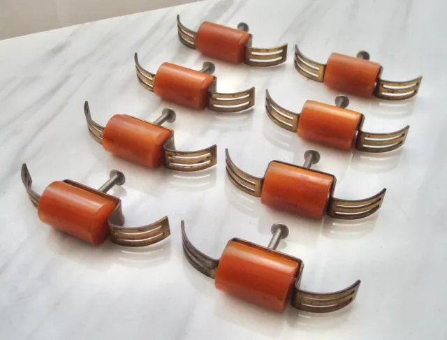 8 Vintage ART DECO BUTTERSCOTCH BAKELITE Catalin Brass DRAWER Pull HANDLES Set