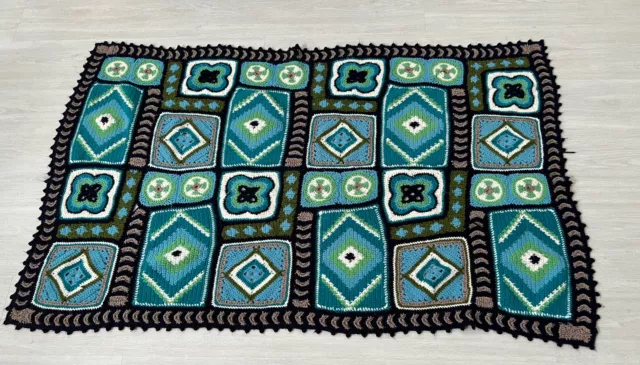 Vintage Handmade Crochet Afghan Blanket Blue Geometric Dotted Edge 3 By 5.5 Ft