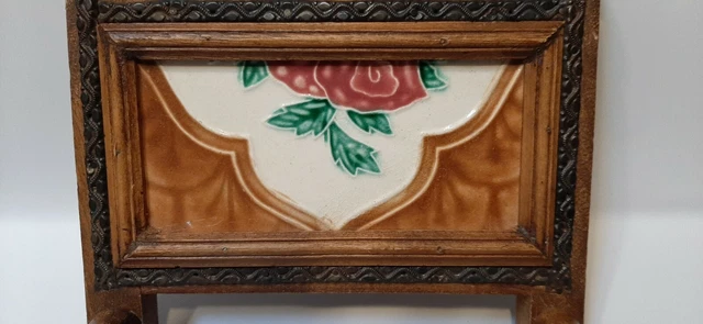 Victorian tile wood dog leash coat hat hooks holder rose flower antique 5