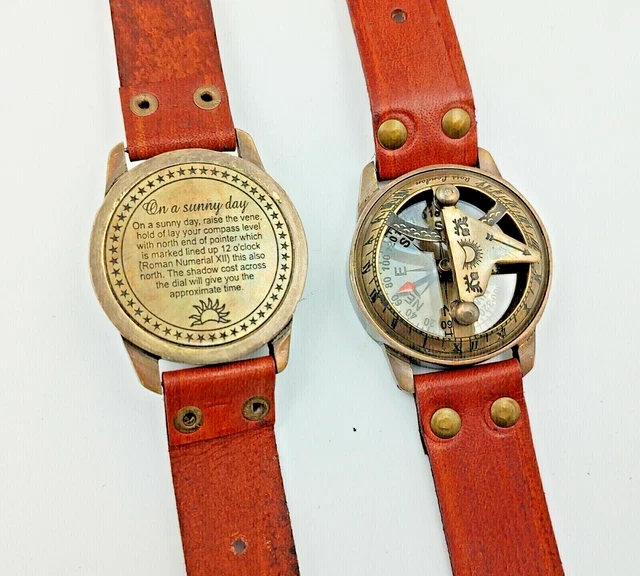 CADRAN SOLAIRE MONTRE en cuir Laiton Boussole Cuir Antique Vieil Or Lustre... EUR 33,78 - FR