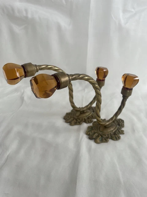 Pair 2 Antique Victorian Ornate Amber Glass Brass Hook Coat Hanger Wall Hardware 7