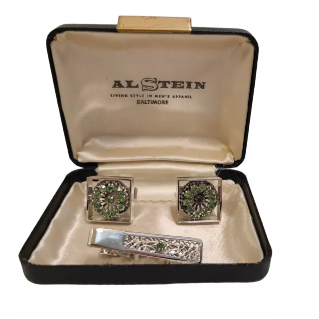 Stunning Vintage Cufflinks And Tie Pin Green Rhinestone Silvertone  Alstein Box