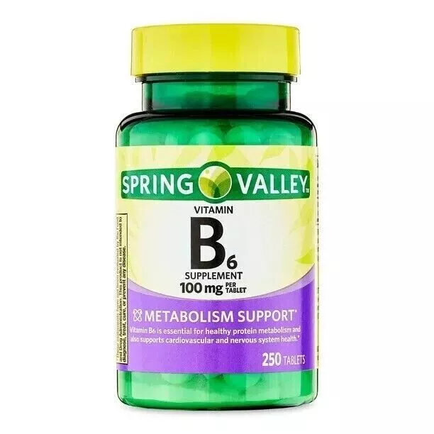 Spring Valley Vitamin B6 Tablets, 100 mg, 250 Count.