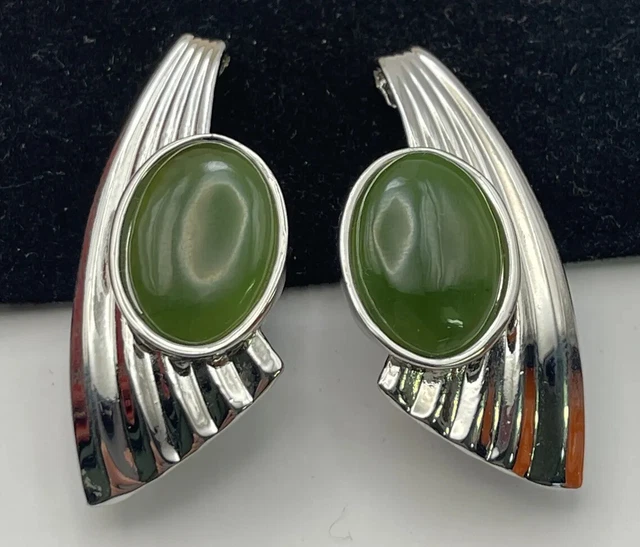 Canada Mined Jade Vintage Estate Earrings British Columbia Modernist Clip On