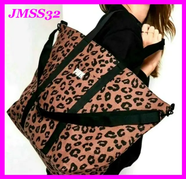 Victoria's Secret Pink Large Zip Top Tote Bag Cocoa Powder Leopard NIP