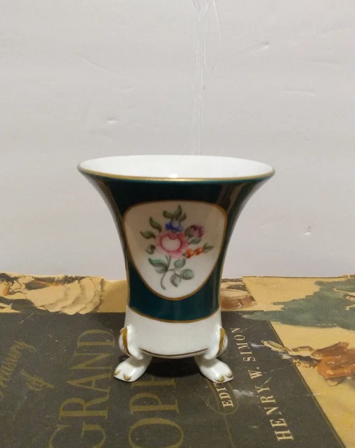 Vintage HOLLOHAZA Hungarian Porcelain Green Floral Vase (Gold Trim) Hand Painted