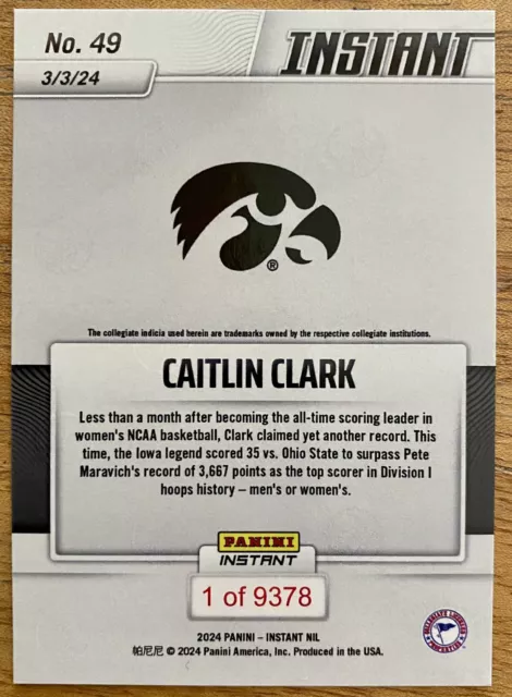 2024 PANINI INSTANT NIL #49 Caitlin Clark NCAA Division I Scoring ...
