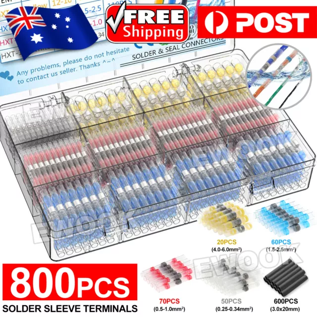 800pcs Heat Shrink Wire Connectors Electrical Solder Seal Butt Terminals Kit