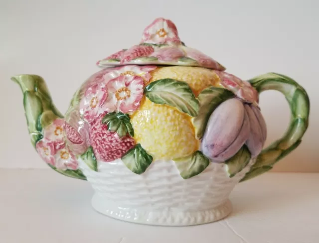 Vintage Flowered Fruit Teapot Hand Crafted Made In Italy Basket Weave 2