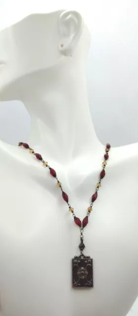 Vintage Red & Yellow Beaded Middle Eastern Style Necklace With Y Drop Jewelry