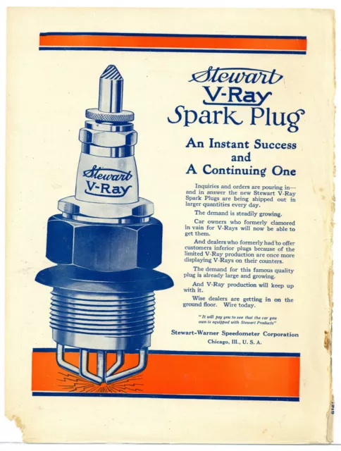 1916 Stewart V-Ray Spark Plug Ad:  Stewart Warner Speedometer Co., Chicago, IL