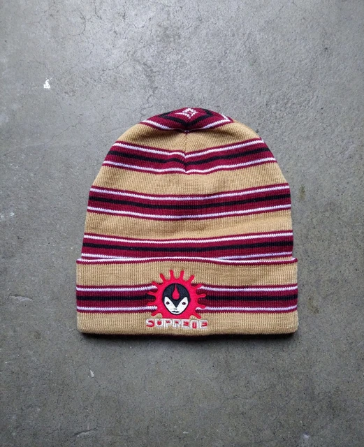 Supreme NY Vampire Beanie Striped FW/2018 Burgundy Beige 100% Acrylic Knit Hat