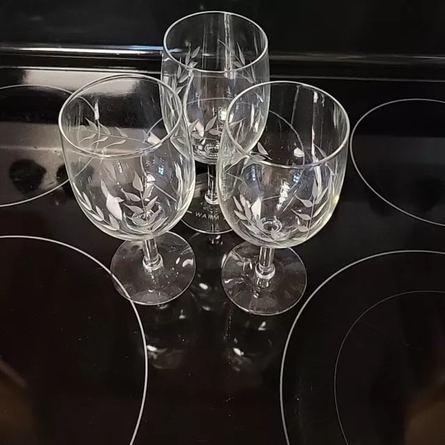 3 Pc Set Of Vintage Etched Wine Glasses - Wheat