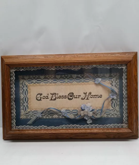 Barncraft Pictures God Bless Our Home Wood Framed Box Flowers Lace Ribbon 16x10