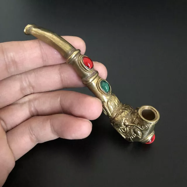 Handmade Carving Dragon Brass Metal Smoking Pipe Chamber Tobacco Herbal Hitter