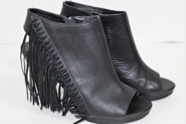 Reba Black Leather Madame Booties Long Fringe Side Zip