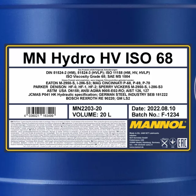 20 (1x20) Liter MANNOL Hydro HV ISO 68 / HVLP 68 Hydrauliköl DIN 51524/3 2