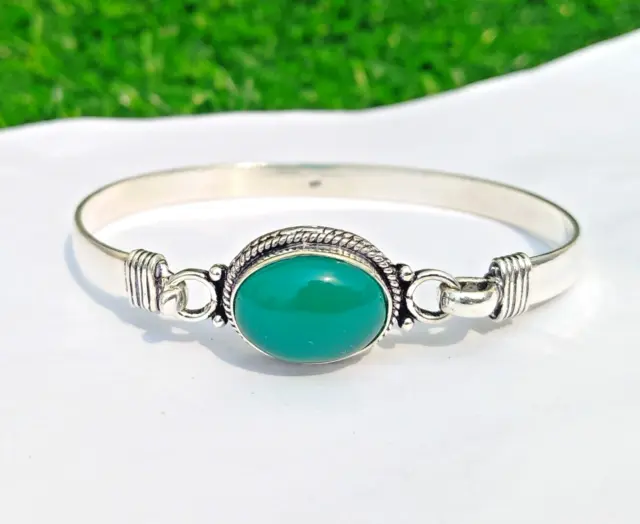 Green Onyx Gemstone 925 Sterling Silver Plated Handmade Cuff Bangle Bracelet