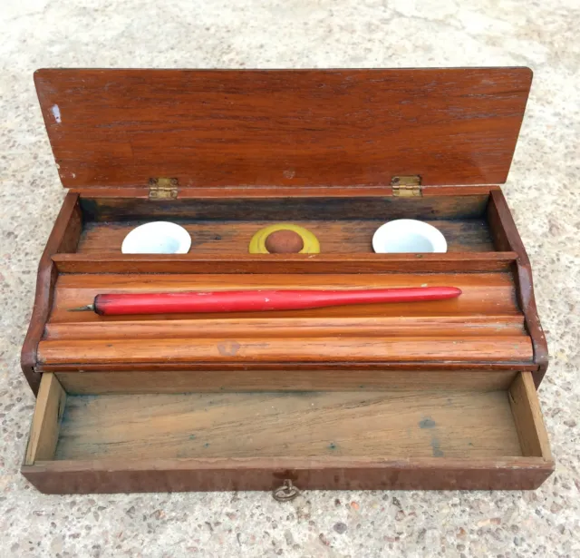 Vintage 2 Compartments Ink Holder Pen Stand Ink Soaking Wooden Box W492 3