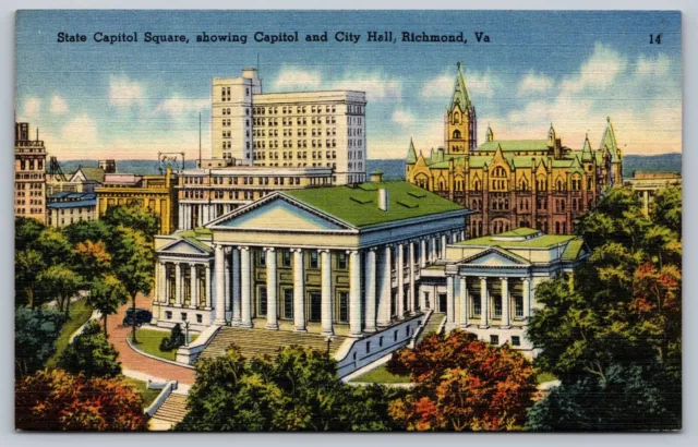 Virginia State Capitol Square, City Hall, Richmond VA, Vintage Linen Postcard