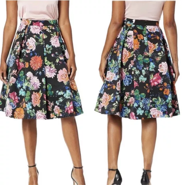 ELIZA J. Black Floral Pleated Midi A-Line Skirt Women’s Size 4 Fully Lined