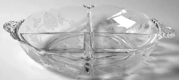 Vintage Heisey Waverly ROSE Etched Elegant Glass 4 Part Divided Relish Dish